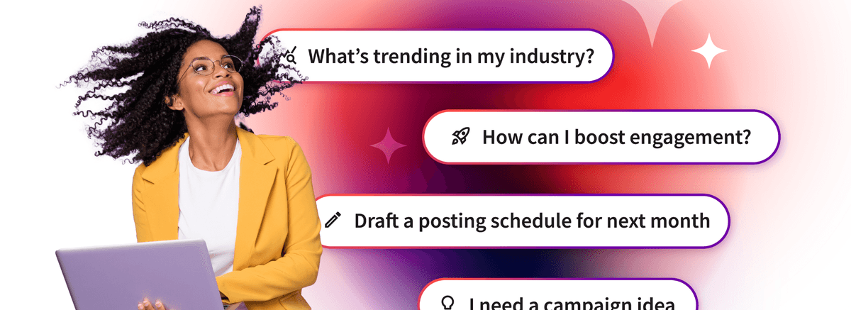 AI chatbot interface showing conversation bubbles with marketing questions against pink background with dark owl-shaped mascot logo