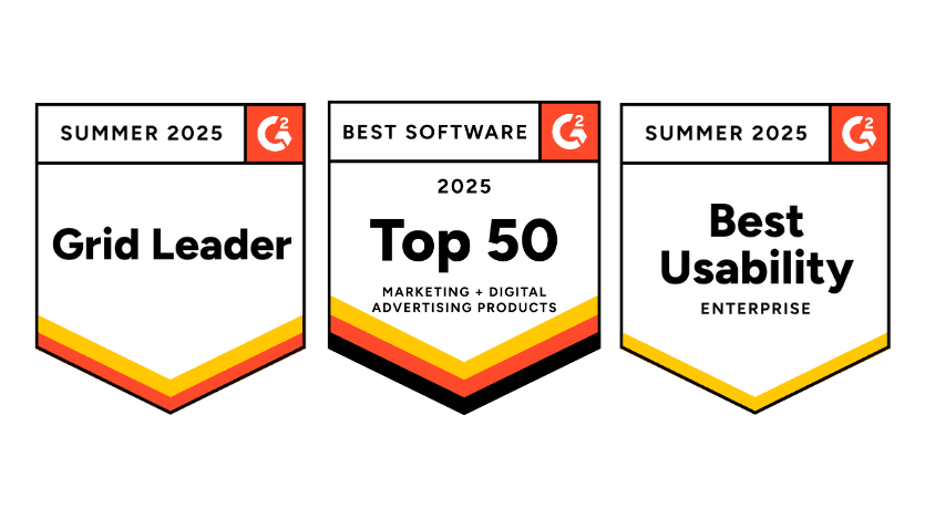 Three award badges from G2. Spring 2025 "Grid Leader" and "Best Usability, Enterprise" and "Top 50 Marketing + digital advertising products"